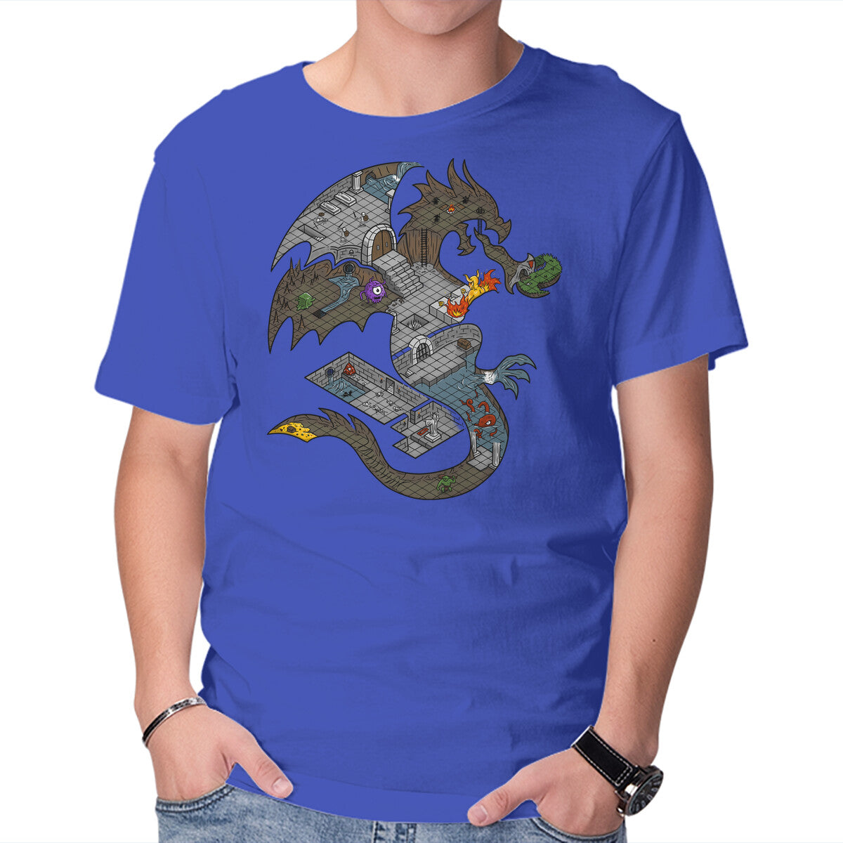 Dungeons in Dragons – Gaming Graphic T-Shirt in royal blue, product display
