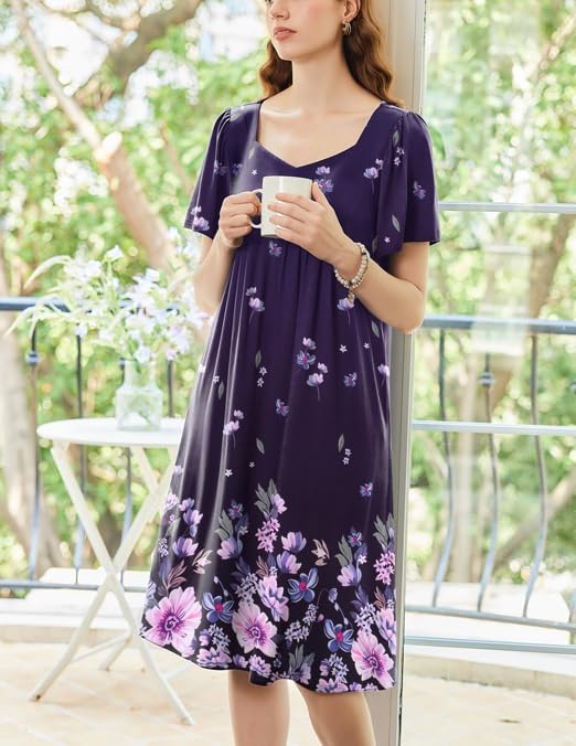 Ekouaer Women's Floral House Dress - Pleated Nightgown