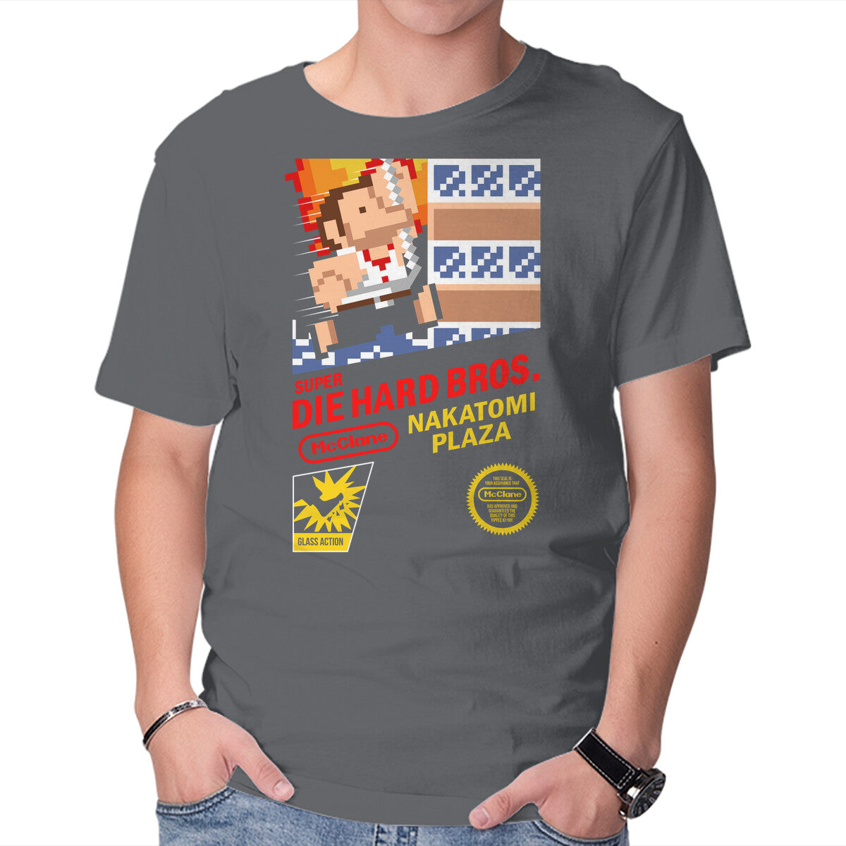 Super Nakatomi Bros – Movie Graphic T-Shirt in charcoal, product display