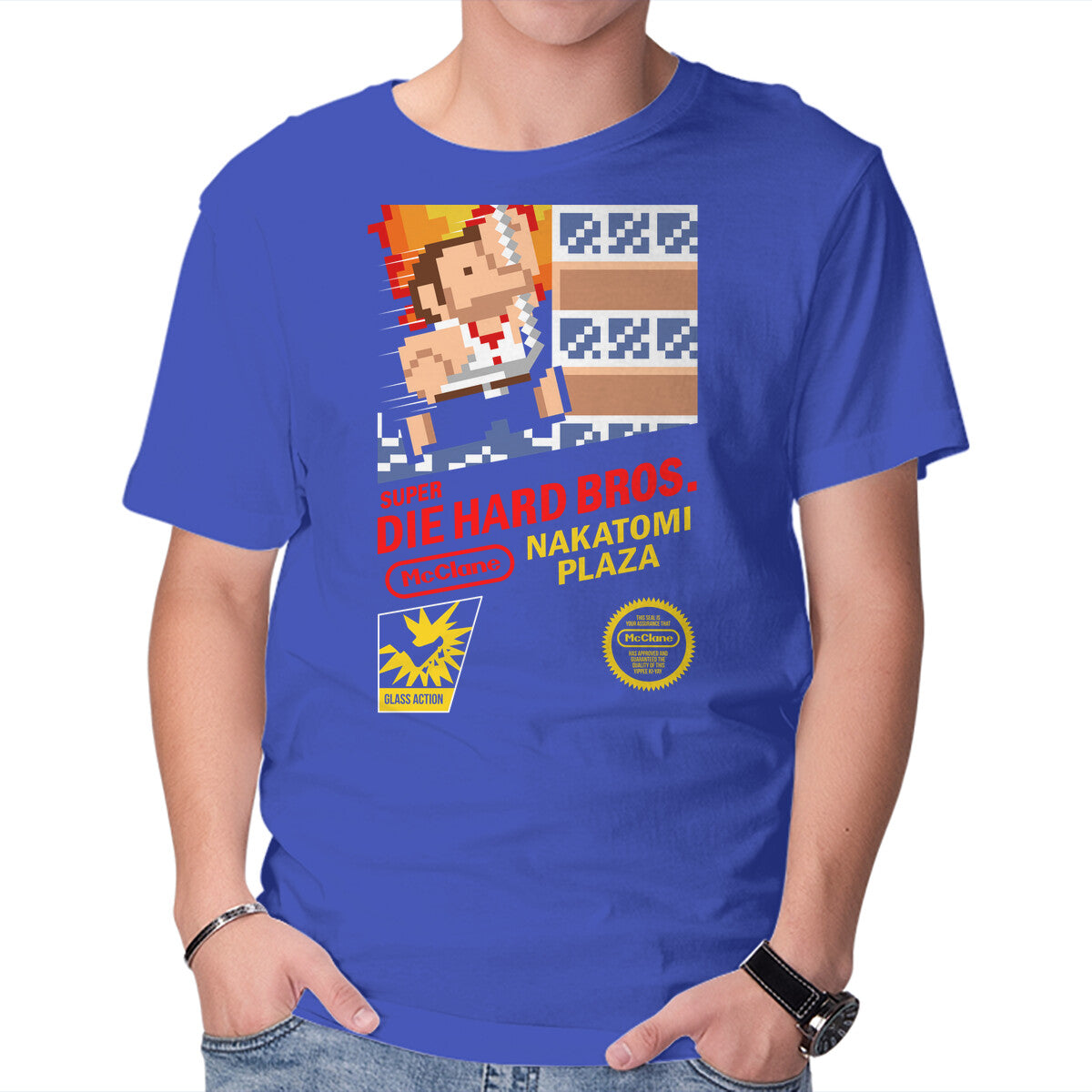 Super Nakatomi Bros – Movie Graphic T-Shirt in royal blue, product display