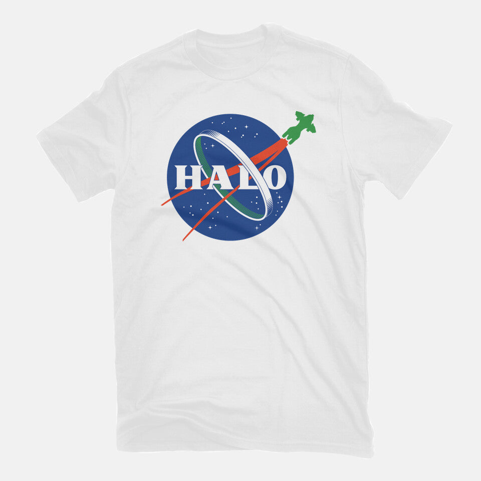 The Halo Space Agency – Gaming Graphic T-Shirt in white, flat-lay product view