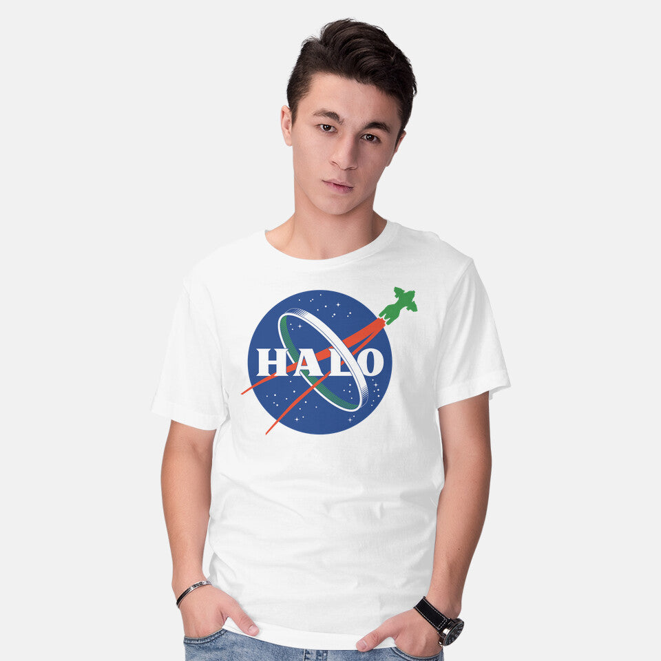 Model wearing white The Halo Space Agency – Gaming Graphic T-Shirt