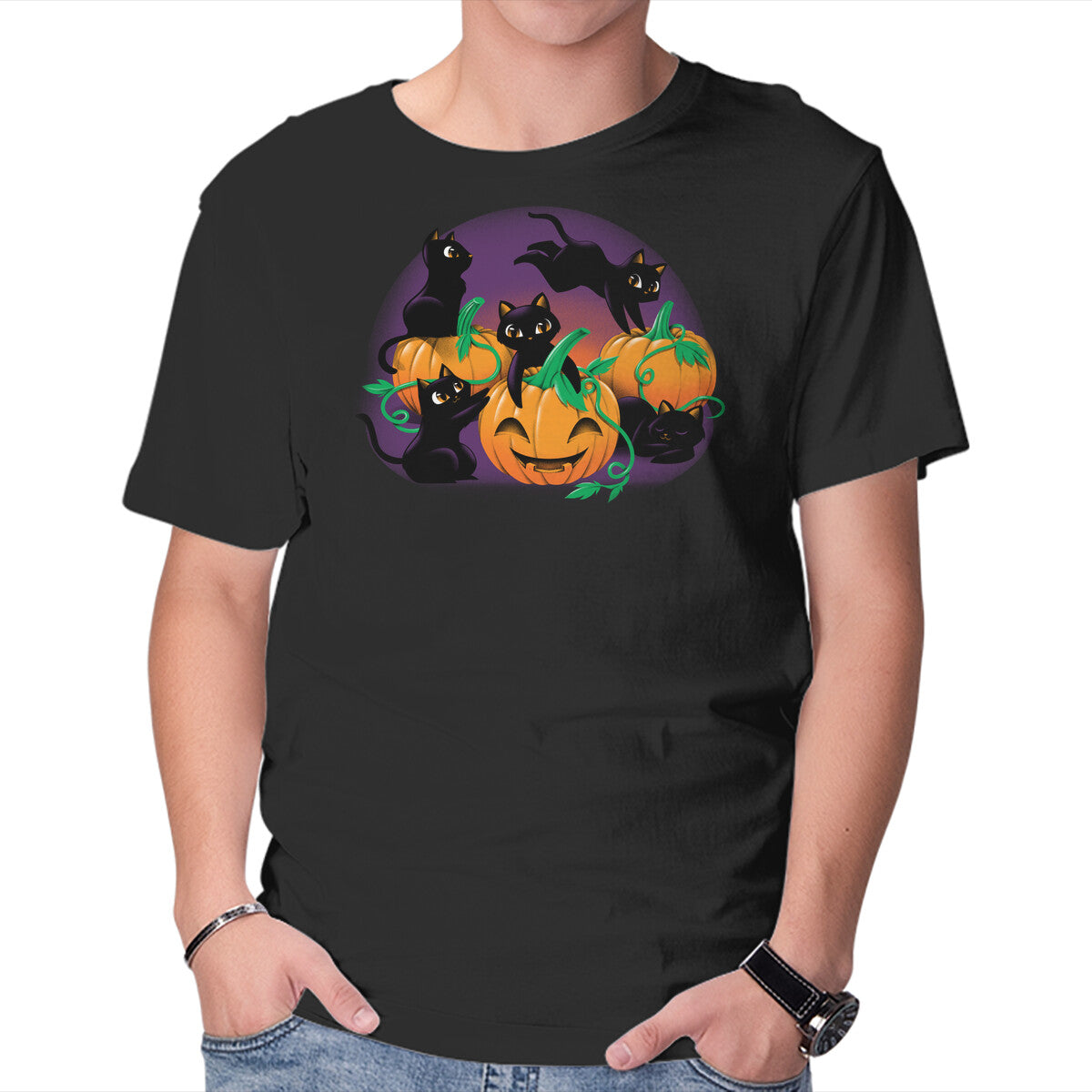 Hello Cat Halloween – Cat Graphic T-Shirt in black, product display