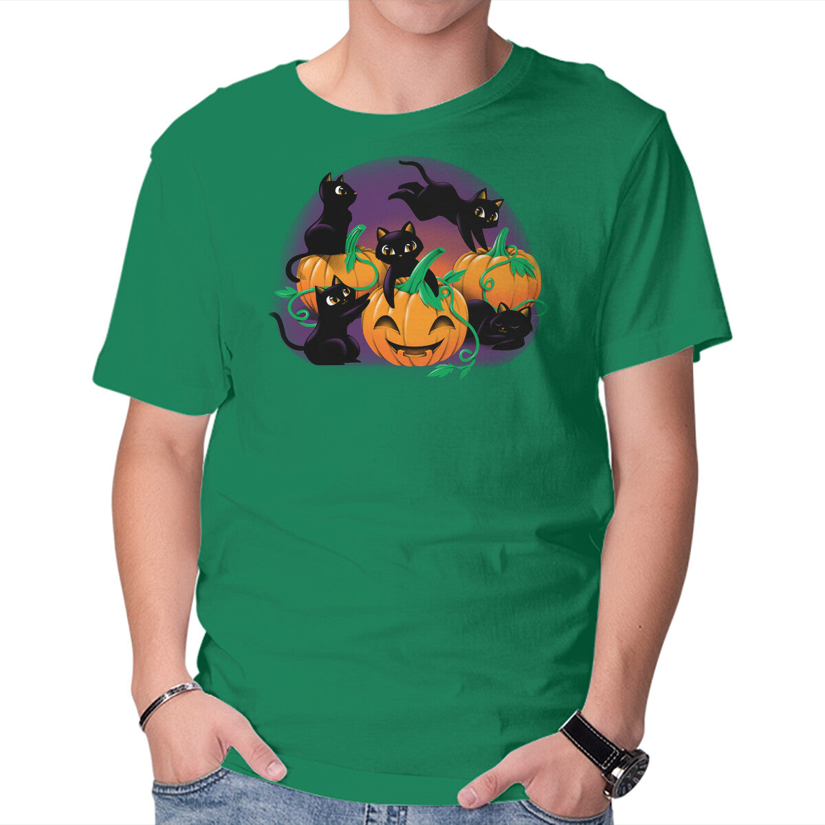 Hello Cat Halloween – Cat Graphic T-Shirt in green, product display