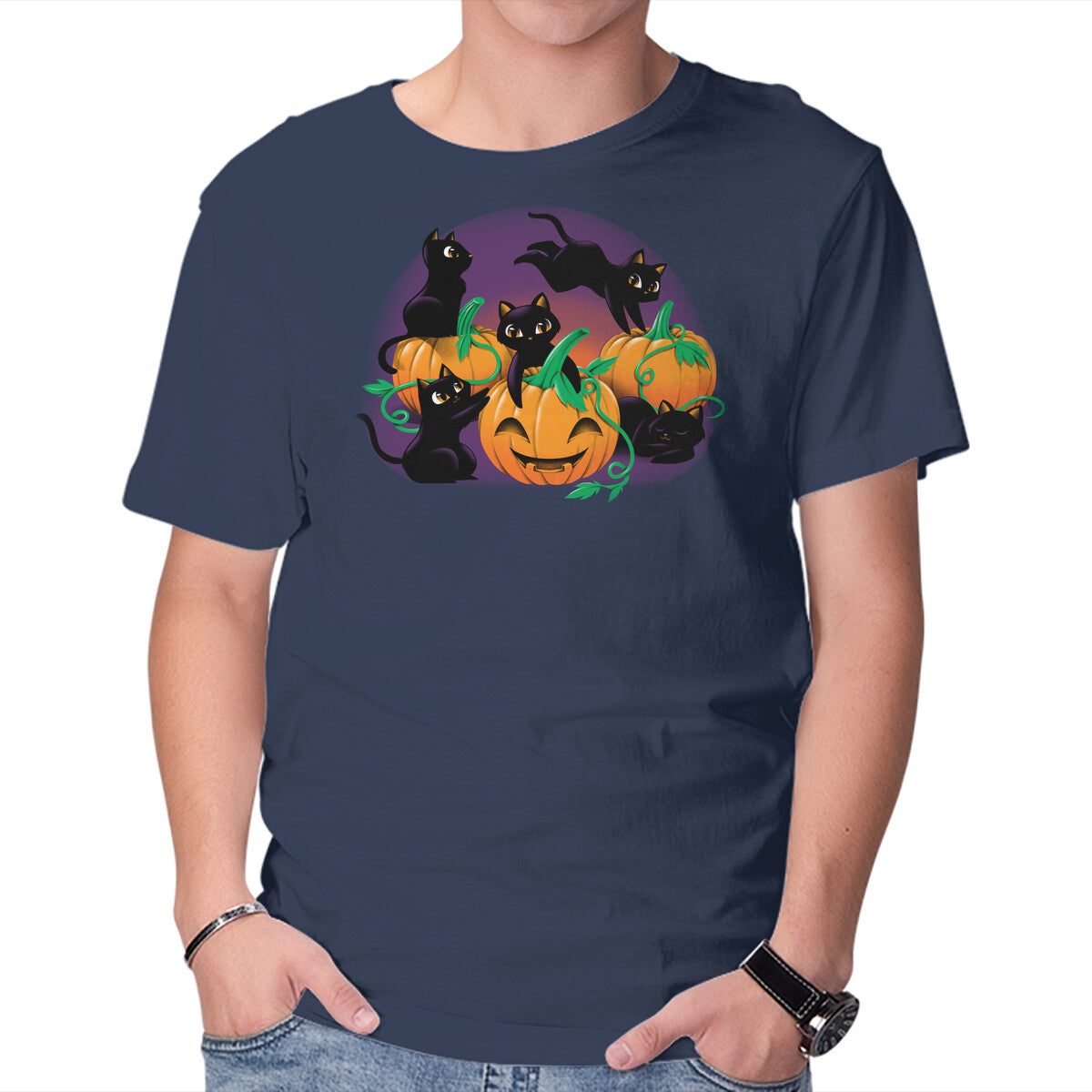 Hello Cat Halloween – Cat Graphic T-Shirt in navy, product display