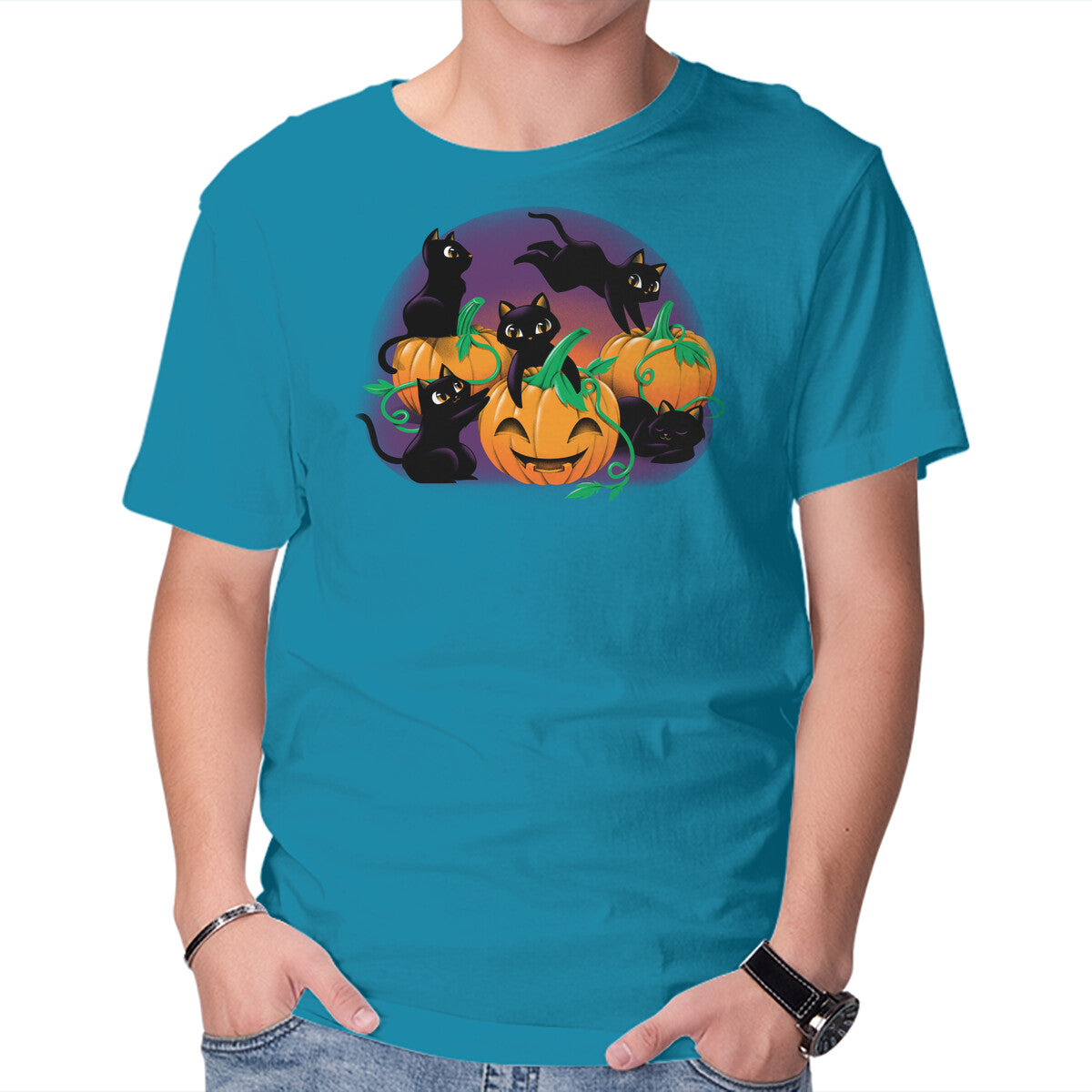 Hello Cat Halloween – Cat Graphic T-Shirt in turquoise, product display