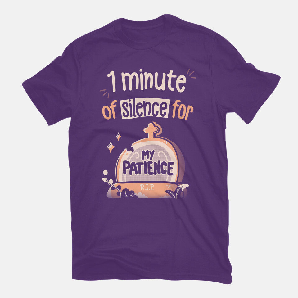 RIP Patience – Funny Graphic T-Shirt in purple, flat-lay product view