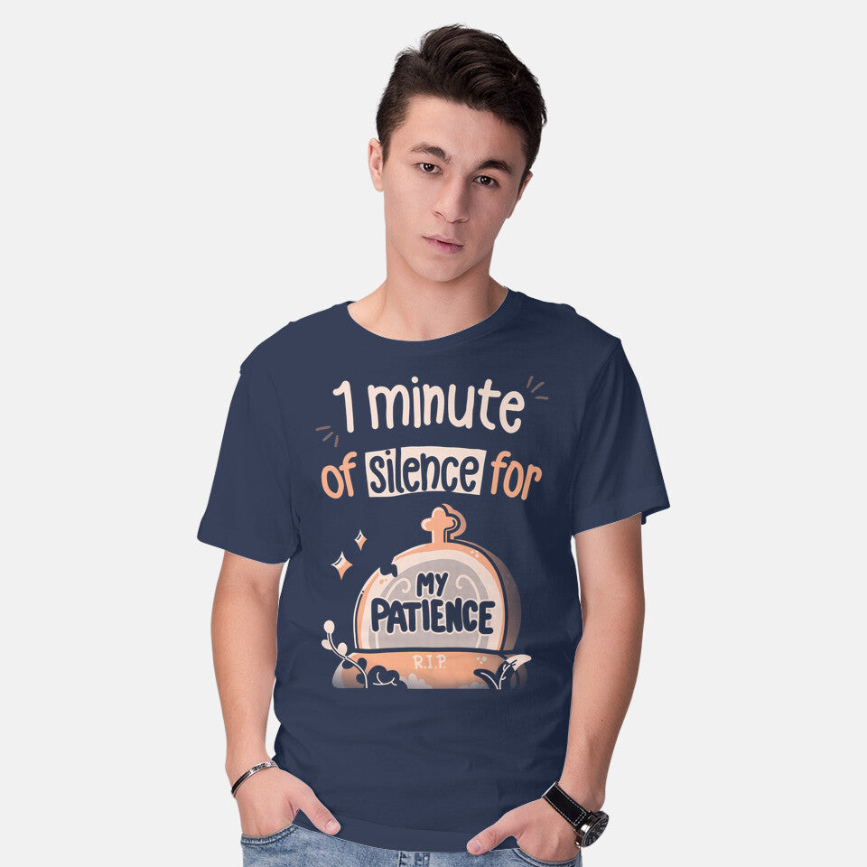 Model wearing navy RIP Patience – Funny Graphic T-Shirt