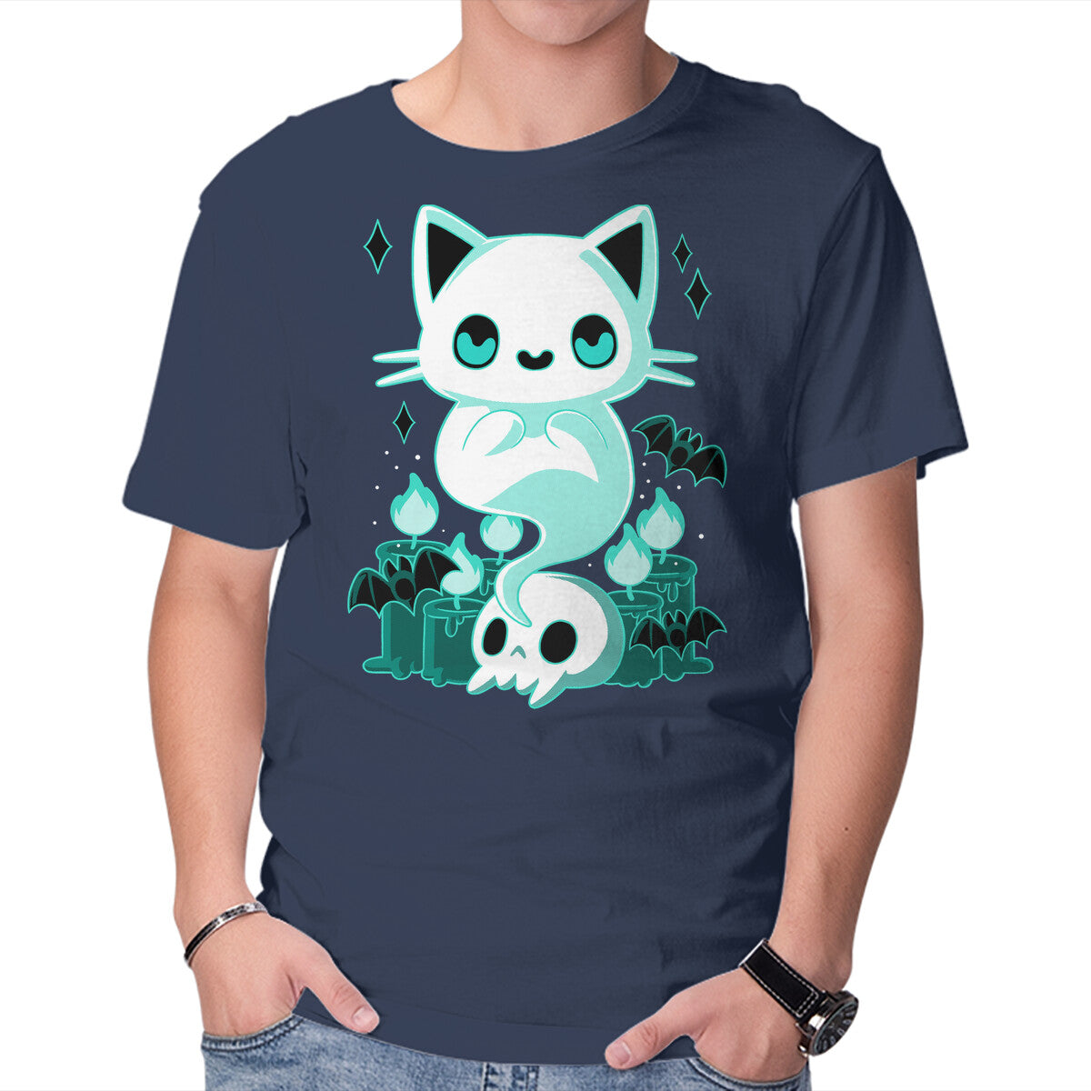 Ghost Cat – Cat Graphic T-Shirt in navy, product display