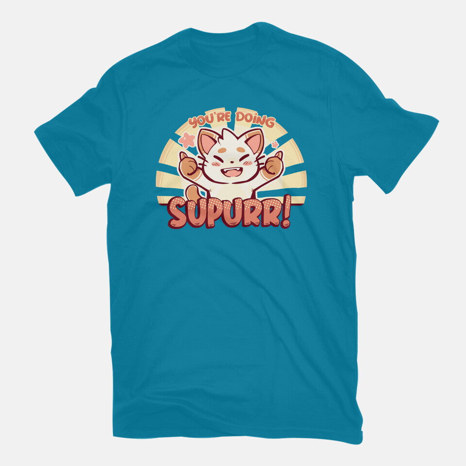 You're Doing SuPURR – Cat Graphic T-Shirt in turquoise, flat-lay product view