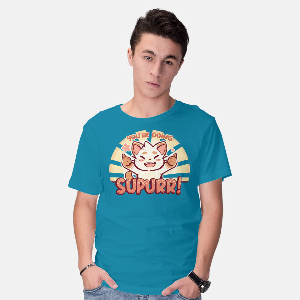 Model wearing turquoise You're Doing SuPURR – Cat Graphic T-Shirt