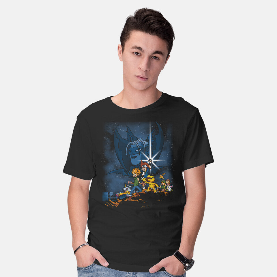 Model wearing black Digi Wars – Anime Graphic T-Shirt