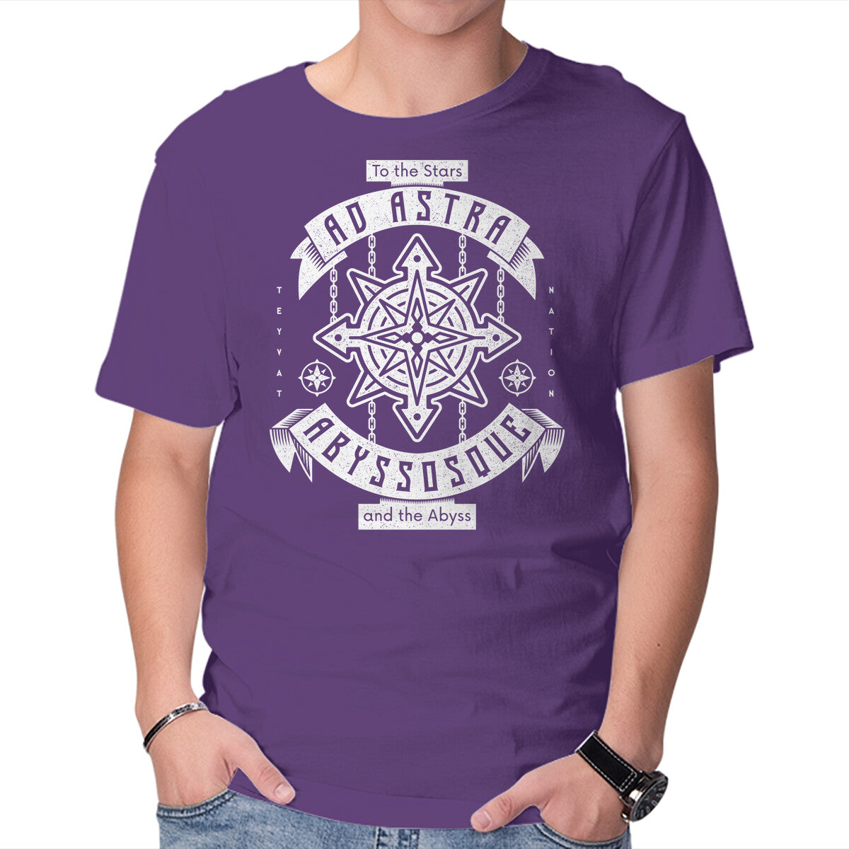 Ad Astra Abyssoque – Gaming Graphic T-Shirt in purple, product display