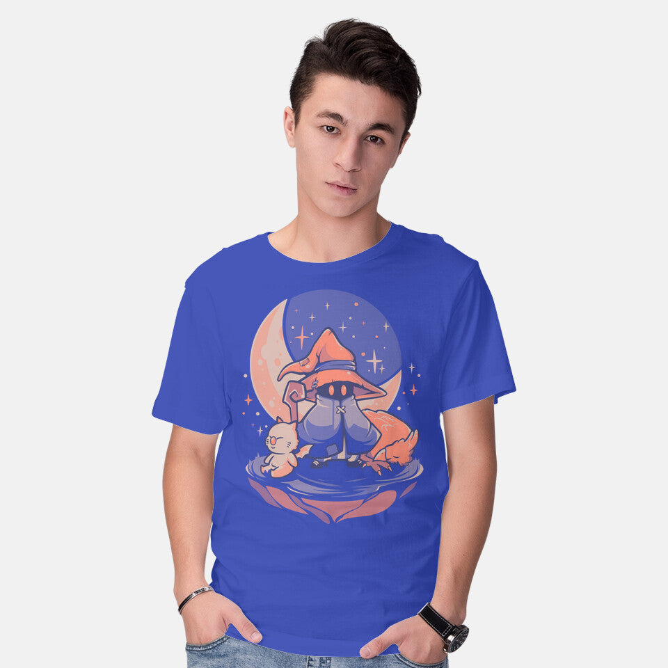 Model wearing royal blue Nightfall Mage – Gaming Graphic T-Shirt