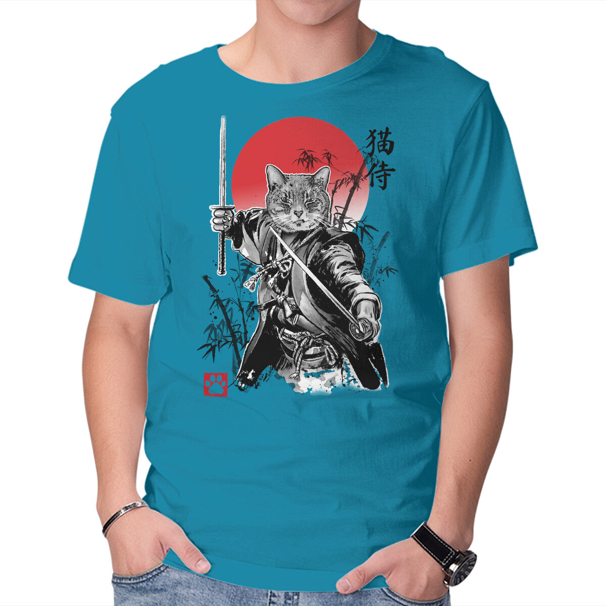 Catsumoto Meowsashi – Cat Graphic T-Shirt in turquoise, product display