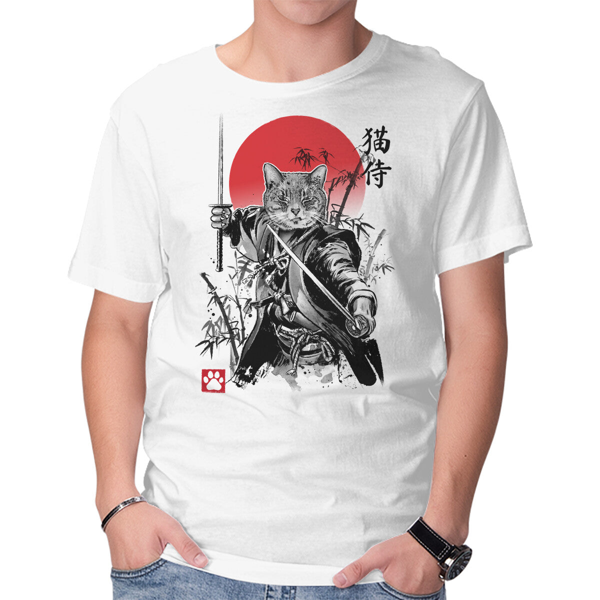 Catsumoto Meowsashi – Cat Graphic T-Shirt in white, product display