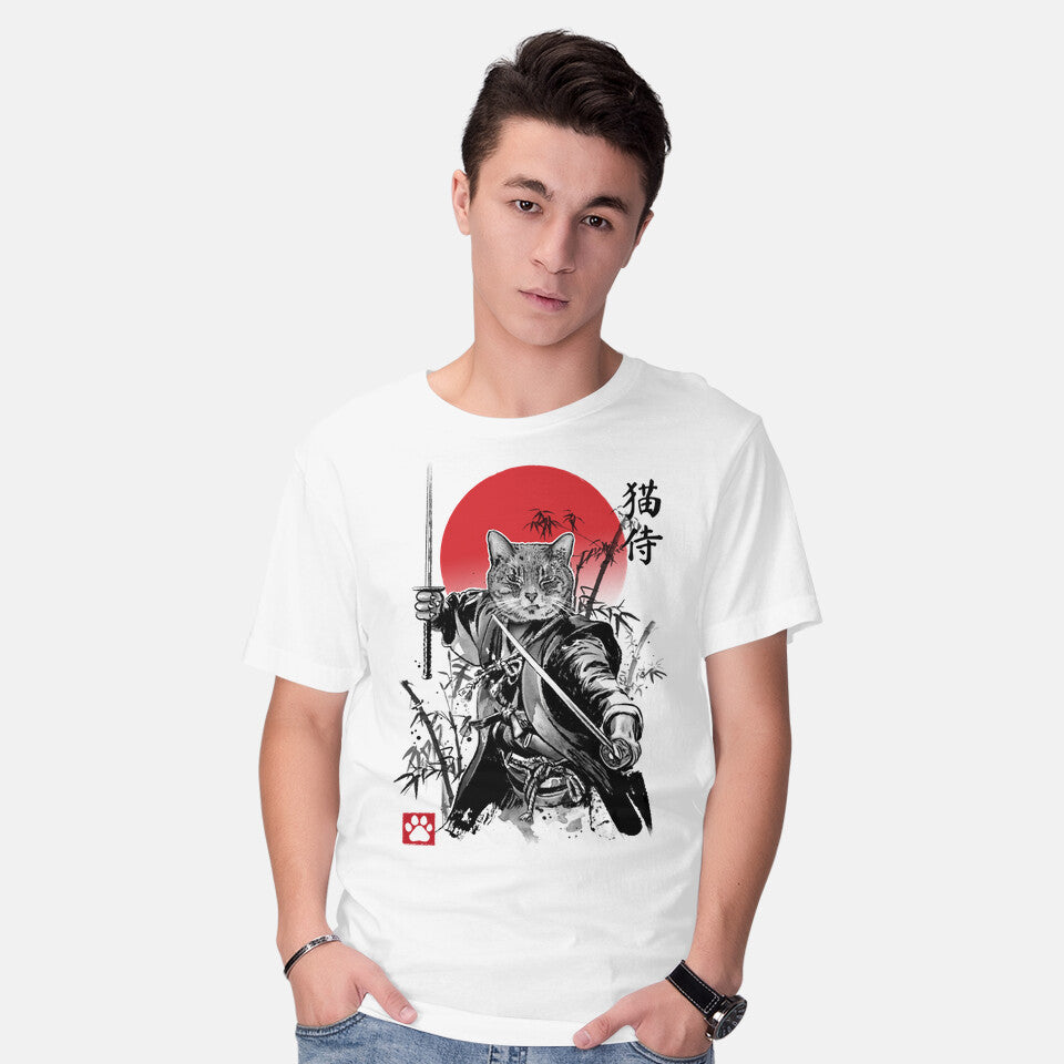 Model wearing white Catsumoto Meowsashi – Cat Graphic T-Shirt