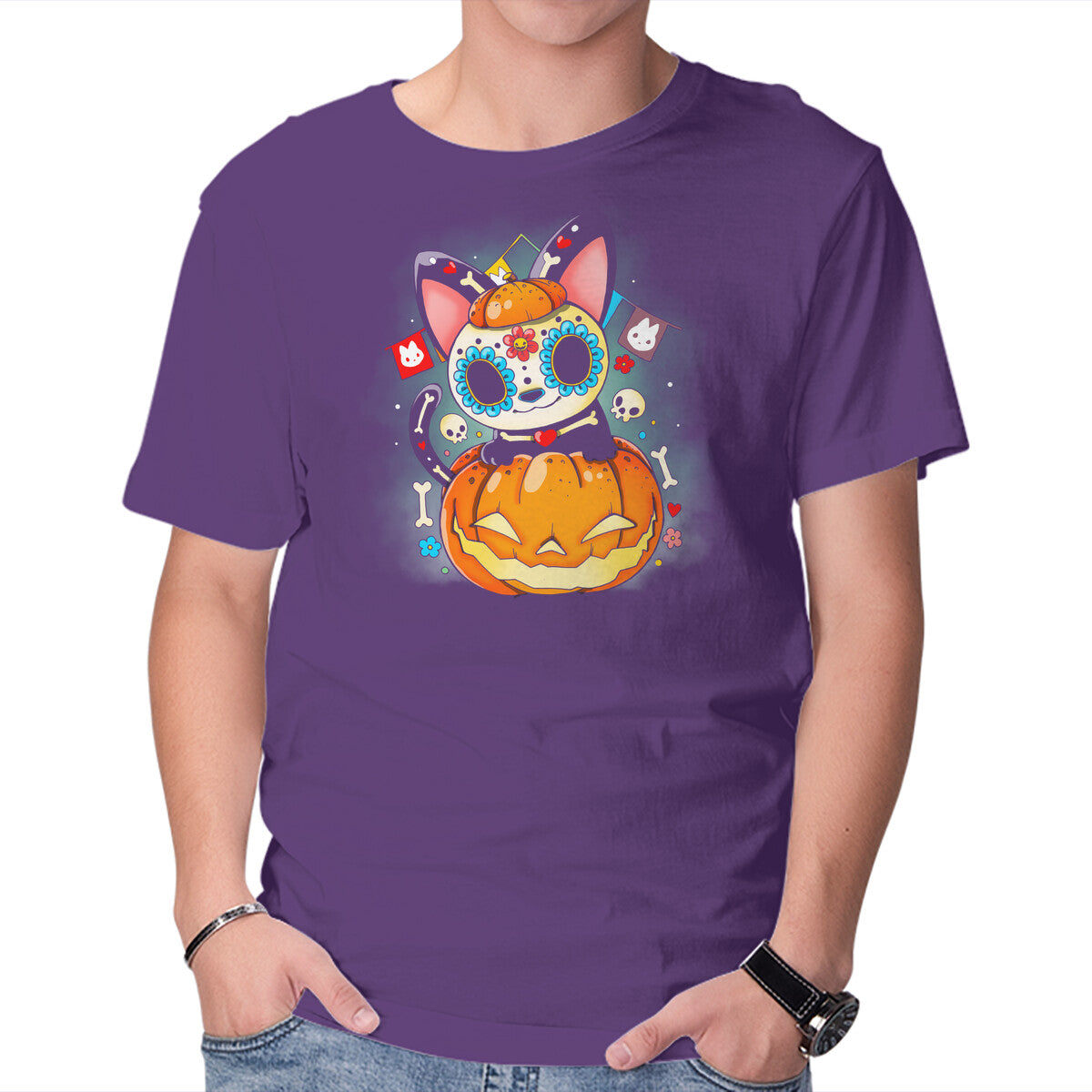 Dia De Los Meows – Cat Graphic T-Shirt in purple, product display