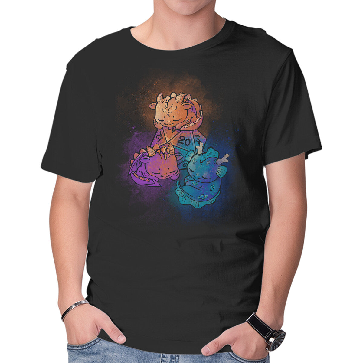 D20 Sleeping Dragons! – Gaming Graphic T-Shirt in black, product display