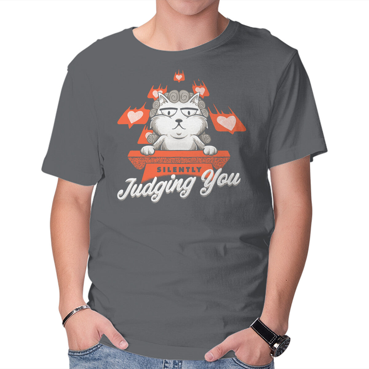 Silently Judging You – Cat Graphic T-Shirt in charcoal, product display