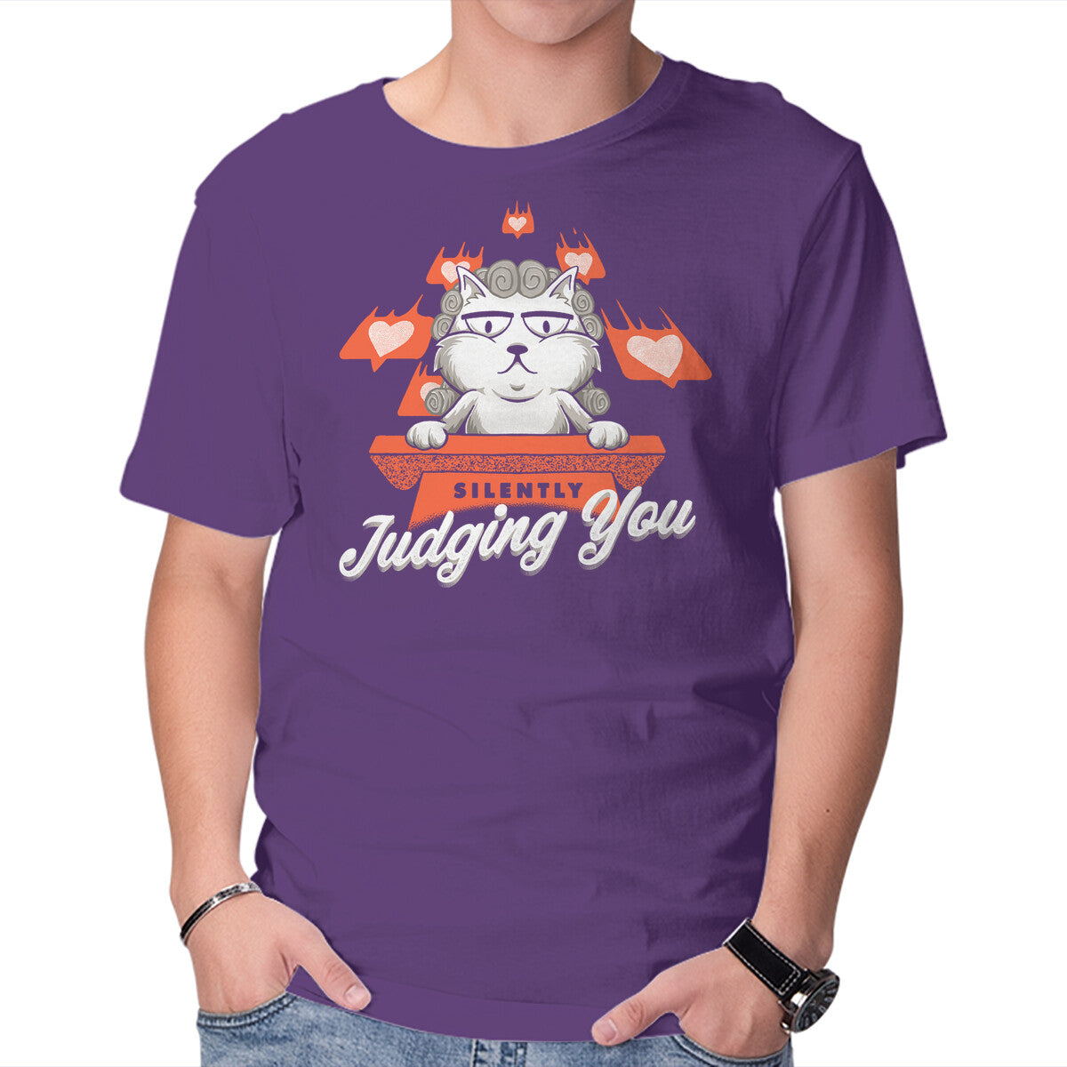 Silently Judging You – Cat Graphic T-Shirt in purple, product display