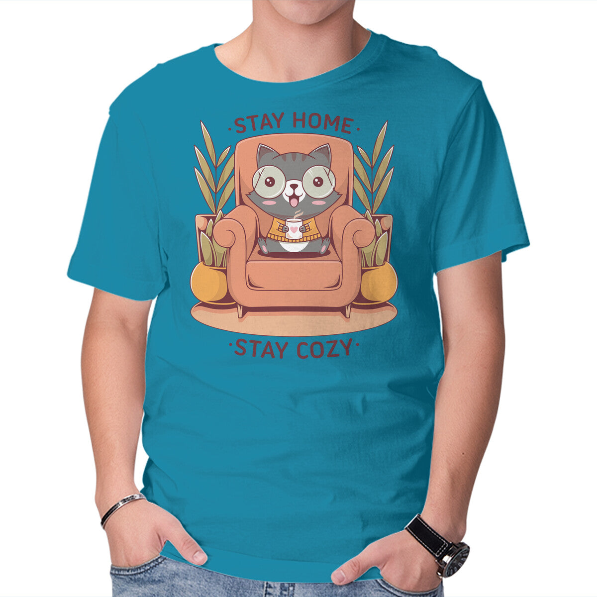 Cozy Time – Cat Graphic T-Shirt in turquoise, product display