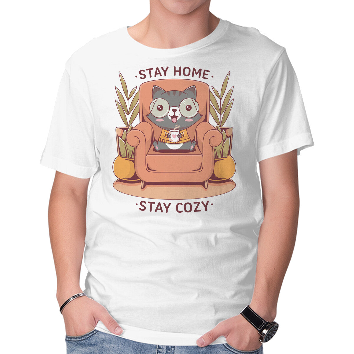 Cozy Time – Cat Graphic T-Shirt in white, product display