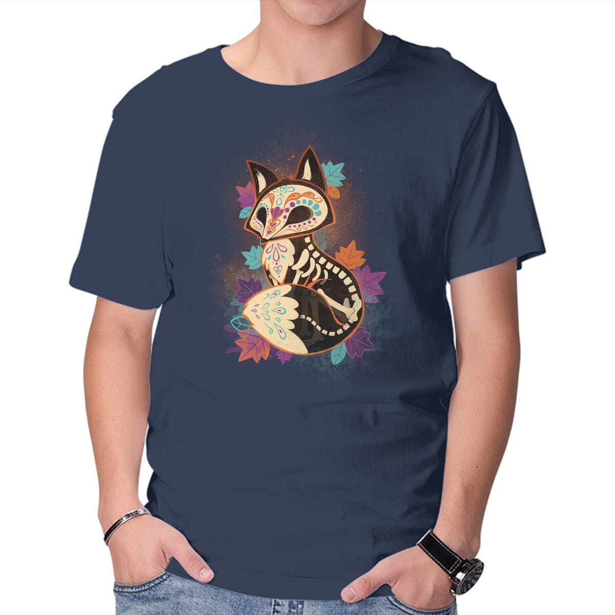Skeleton Fox – Animal Graphic T-Shirt in navy, product display