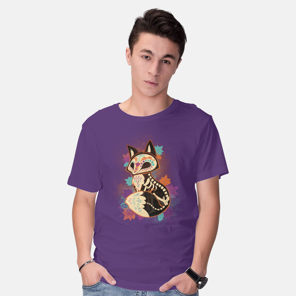 Model wearing purple Skeleton Fox – Animal Graphic T-Shirt