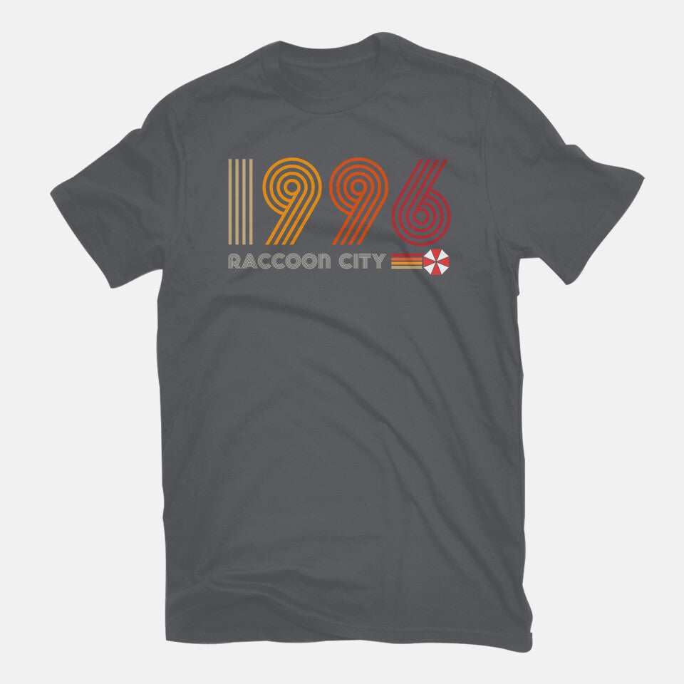 Raccoon City 1996 Graphic T-Shirt in charcoal, flat-lay product view