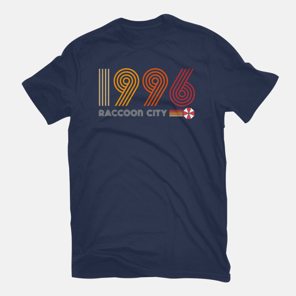 Raccoon City 1996 Graphic T-Shirt in navy, flat-lay product view