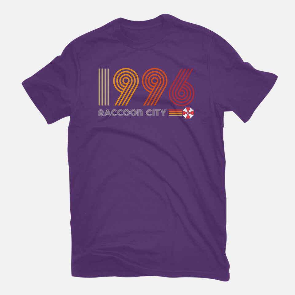 Raccoon City 1996 Graphic T-Shirt in purple, flat-lay product view