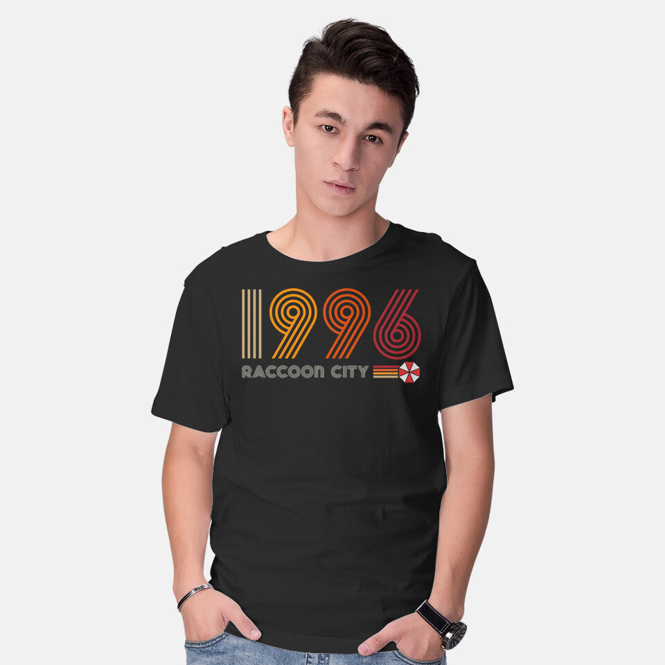 Model wearing black Raccoon City 1996 Graphic T-Shirt