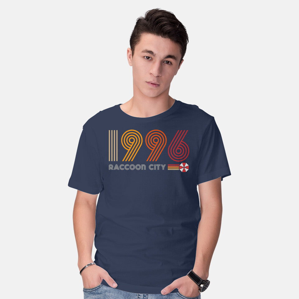 Model wearing navy Raccoon City 1996 Graphic T-Shirt
