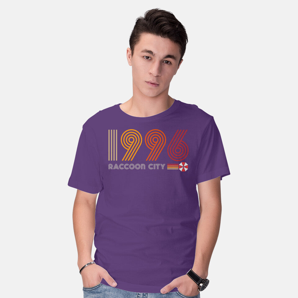 Model wearing purple Raccoon City 1996 Graphic T-Shirt