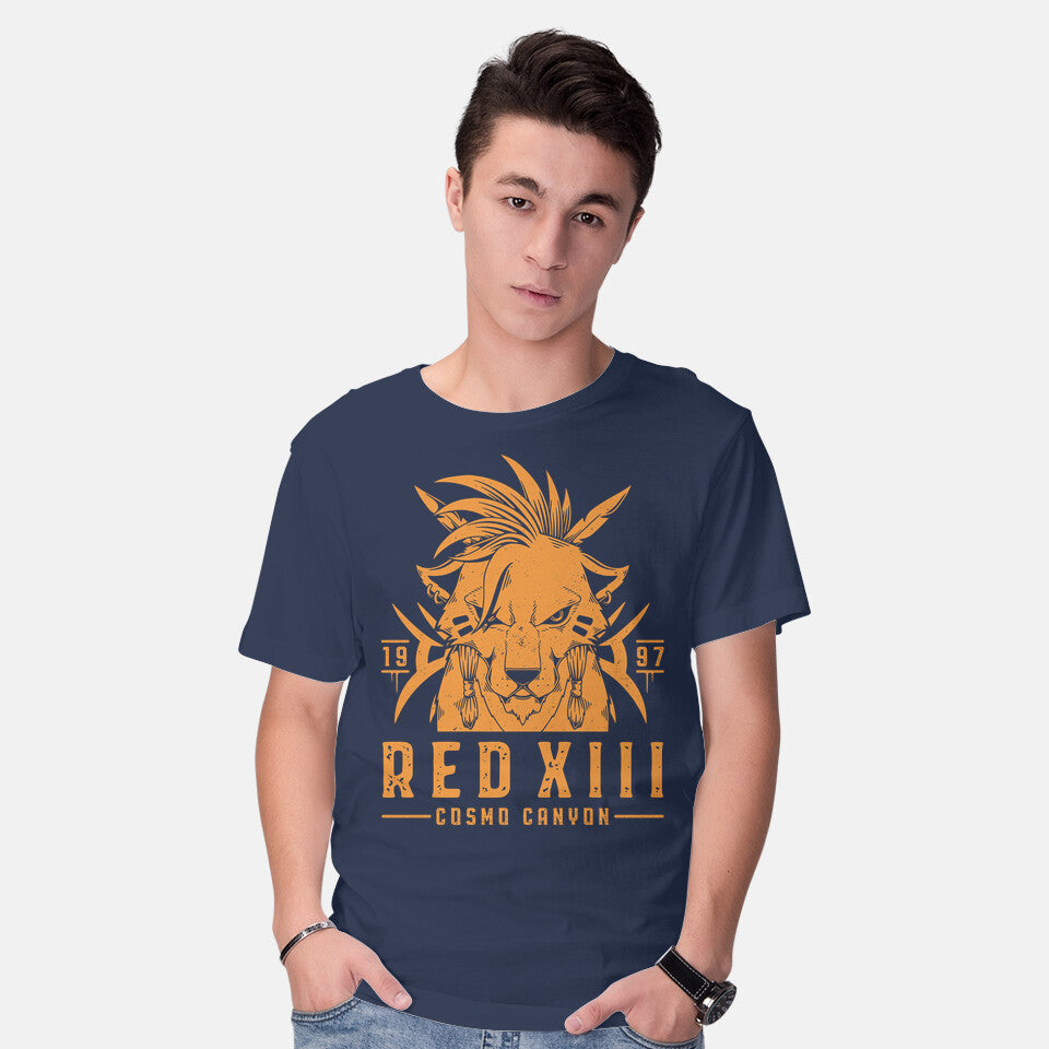 Model wearing navy Red XIII – Gaming Graphic T-Shirt