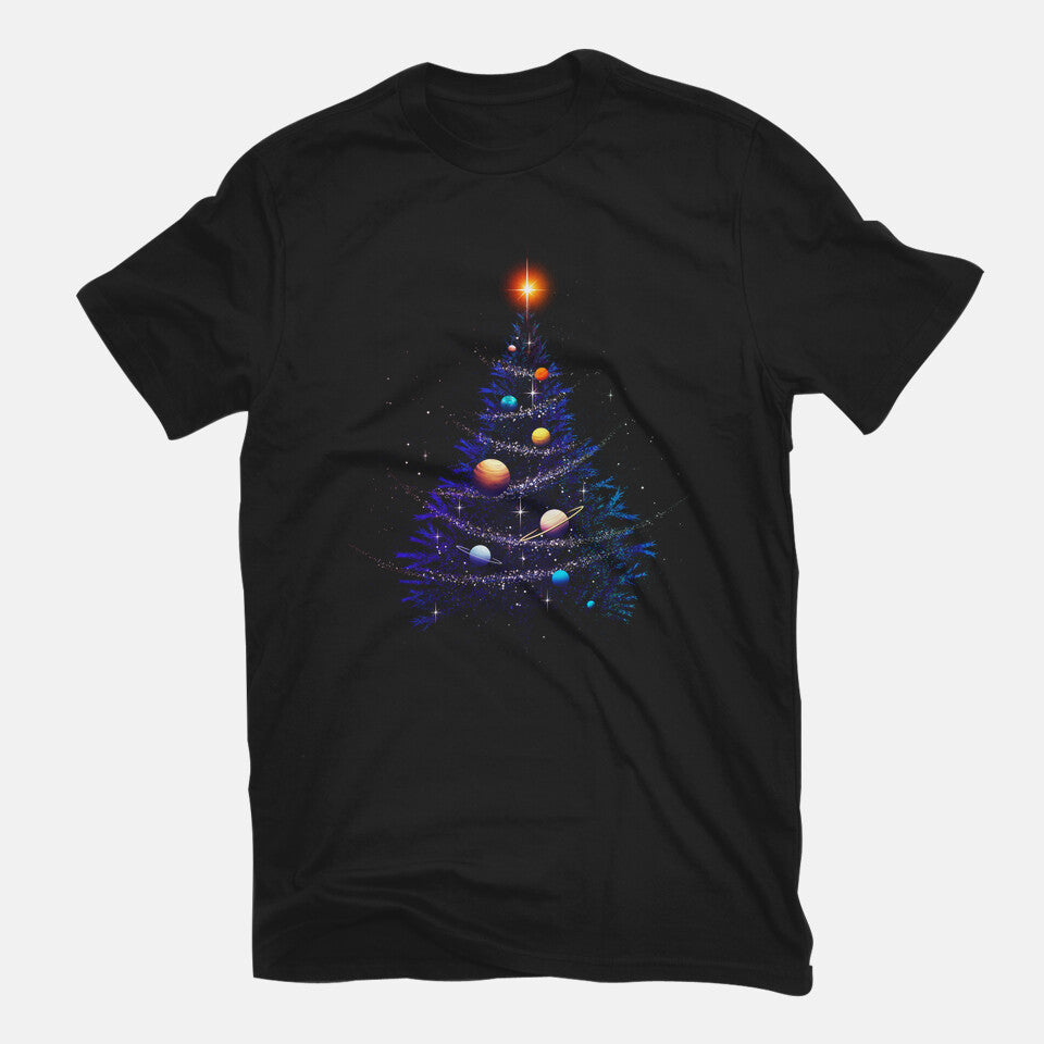 Christmas Cosmos Universe Graphic T-Shirt in black, flat-lay product view
