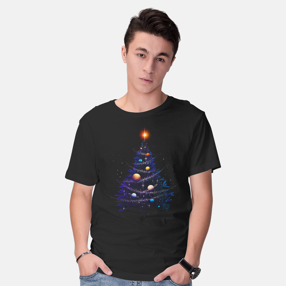 Model wearing black Christmas Cosmos Universe Graphic T-Shirt