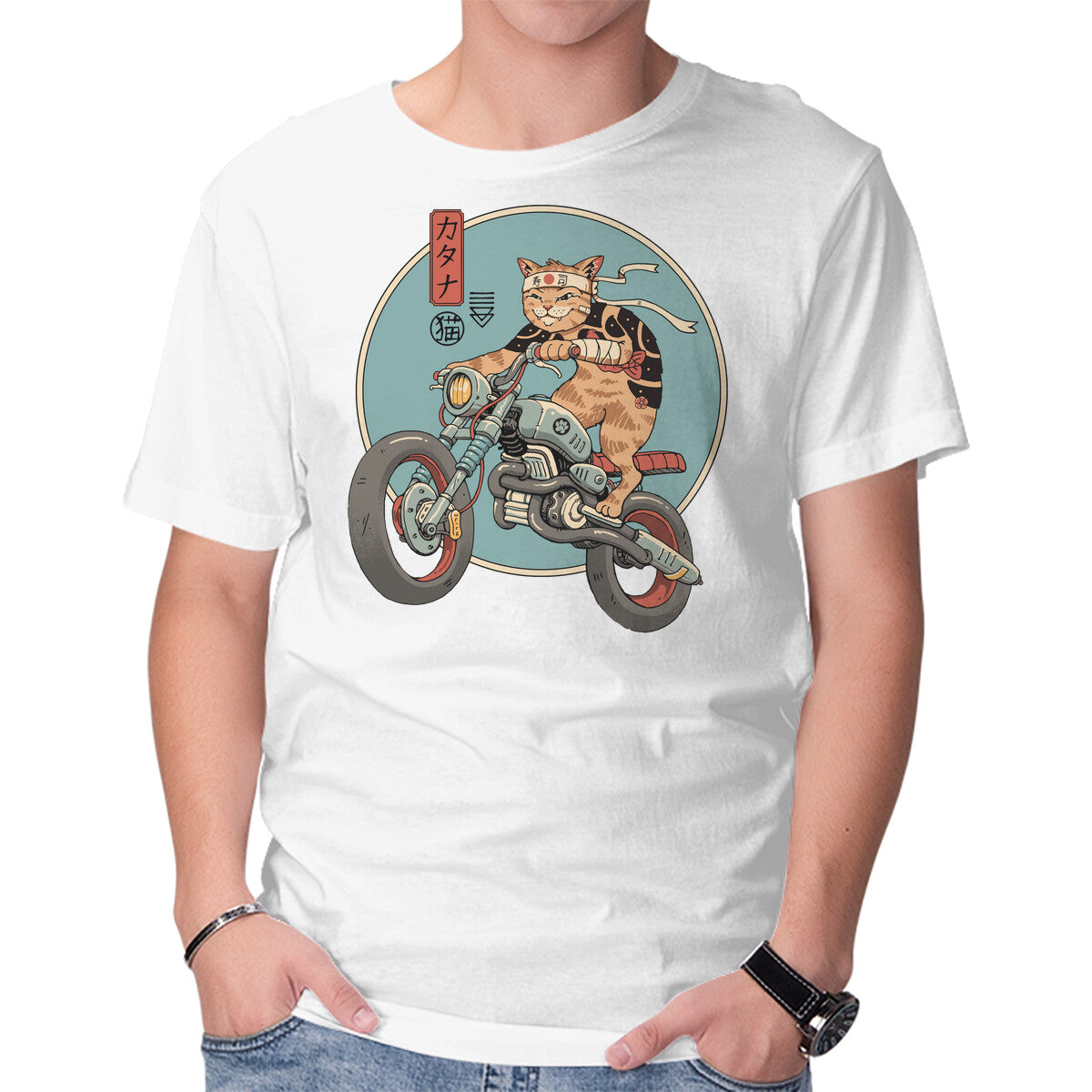 Catana Motorcycle – Cat Graphic T-Shirt in white, product display