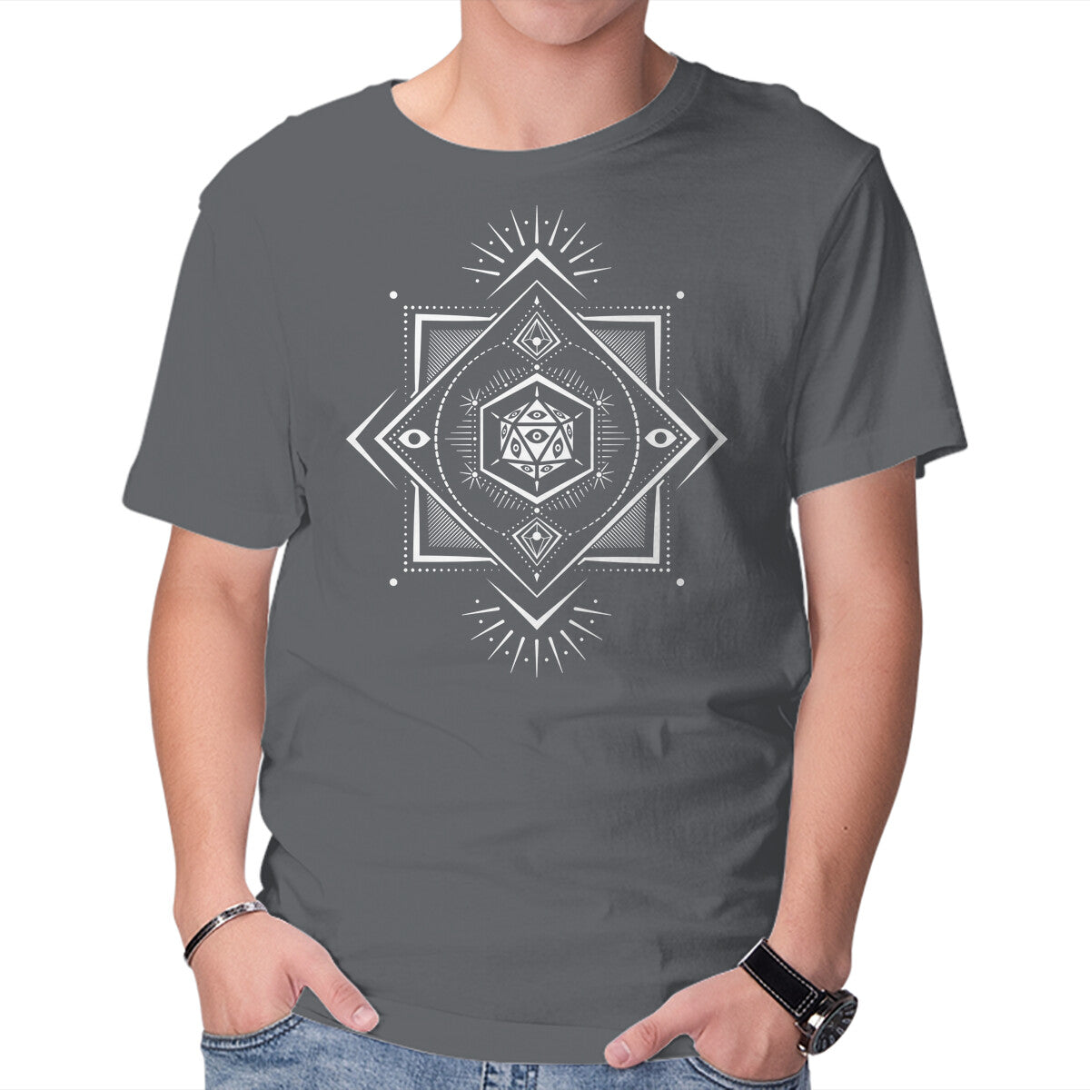 The Eye D20 – Gaming Graphic T-Shirt in charcoal, product display