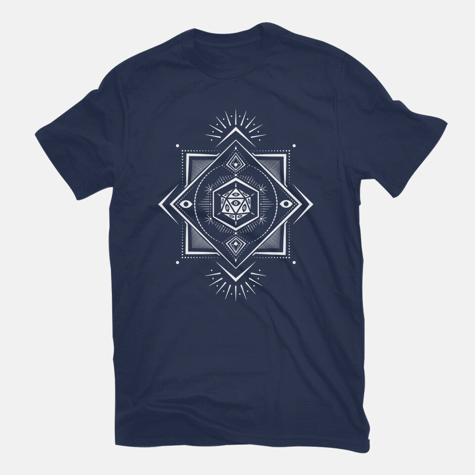 The Eye D20 – Gaming Graphic T-Shirt in navy, flat-lay product view