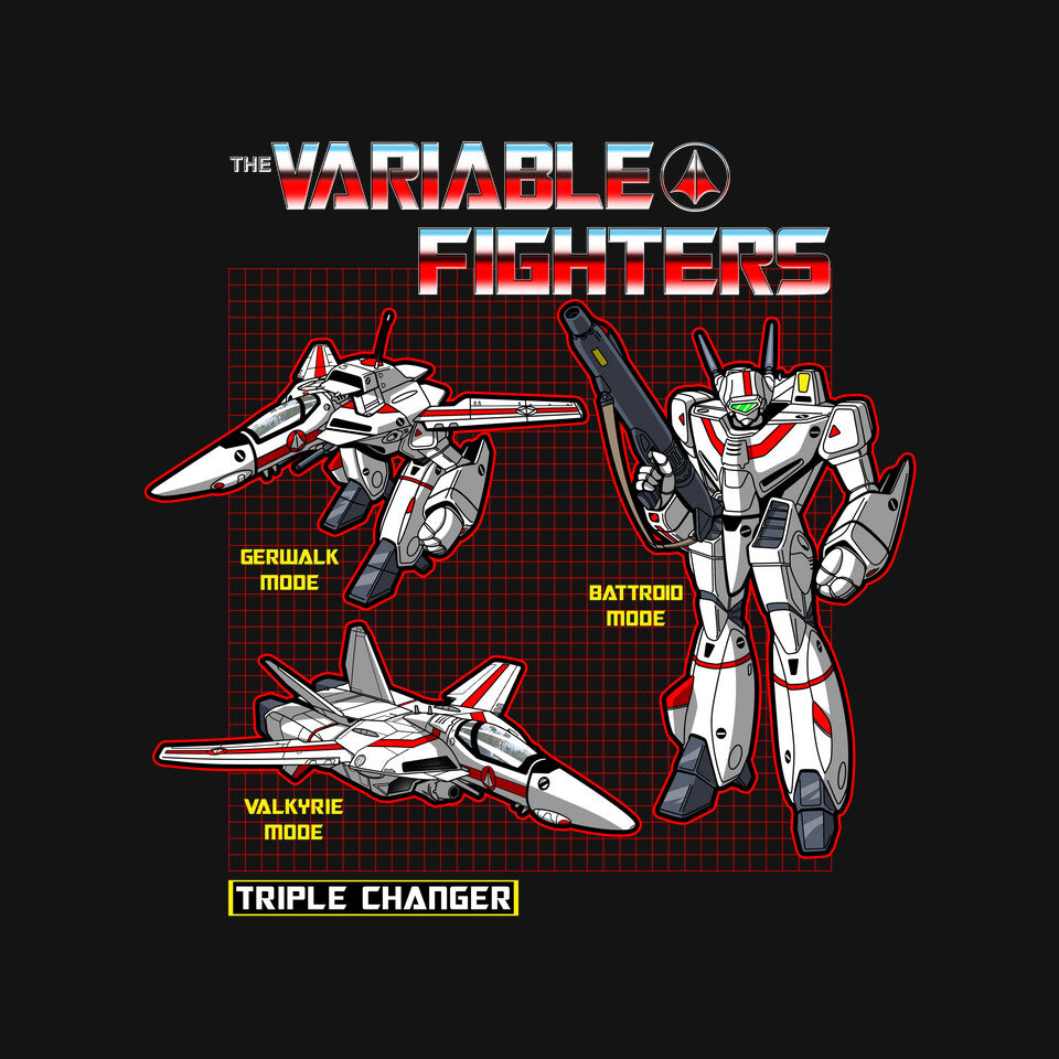 The Variable Fighters – Sci-Fi Graphic T-Shirt design artwork for black graphic T-shirt