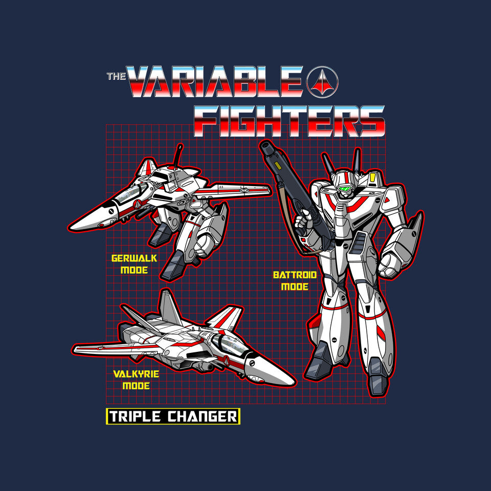 The Variable Fighters – Sci-Fi Graphic T-Shirt design artwork for navy graphic T-shirt