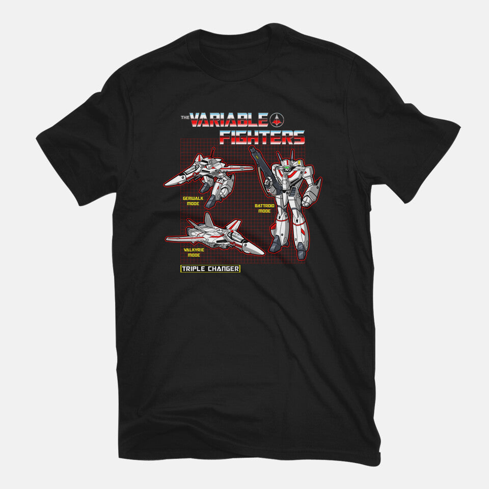 The Variable Fighters – Sci-Fi Graphic T-Shirt in black, flat-lay product view