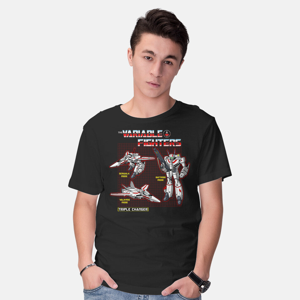 Model wearing black The Variable Fighters – Sci-Fi Graphic T-Shirt