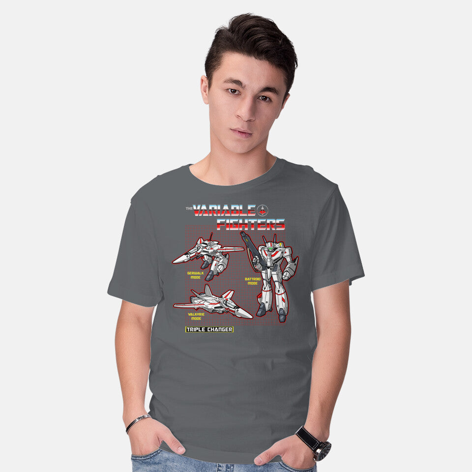 Model wearing charcoal The Variable Fighters – Sci-Fi Graphic T-Shirt