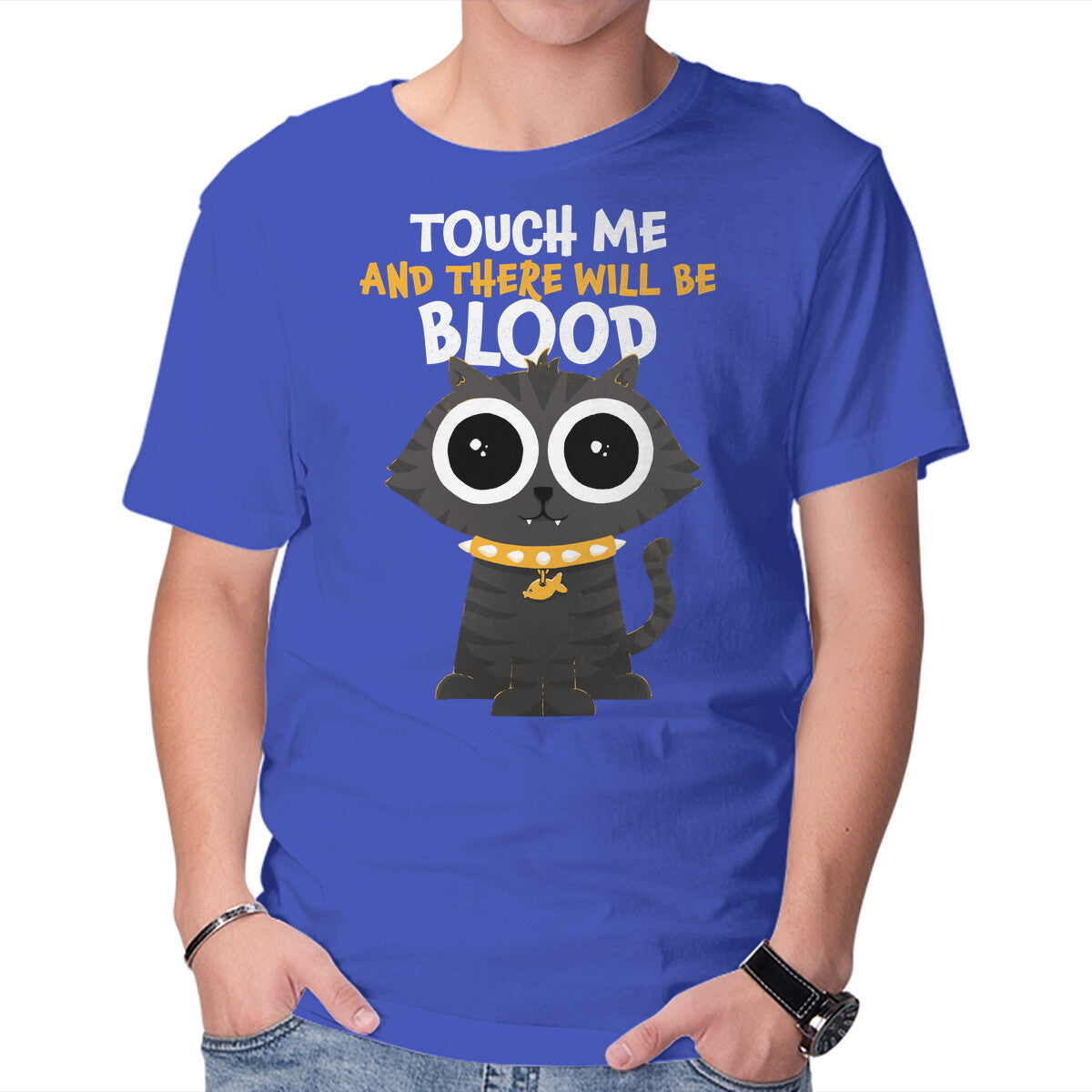 Touch Me And There Will Be Blood – Cat Graphic T-Shirt in royal blue, product display
