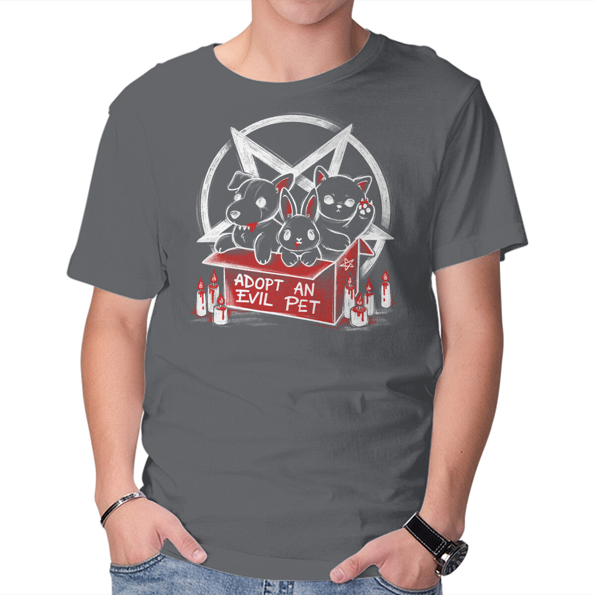 Adopt An Evil Pet – Cat Graphic T-Shirt in charcoal, product display