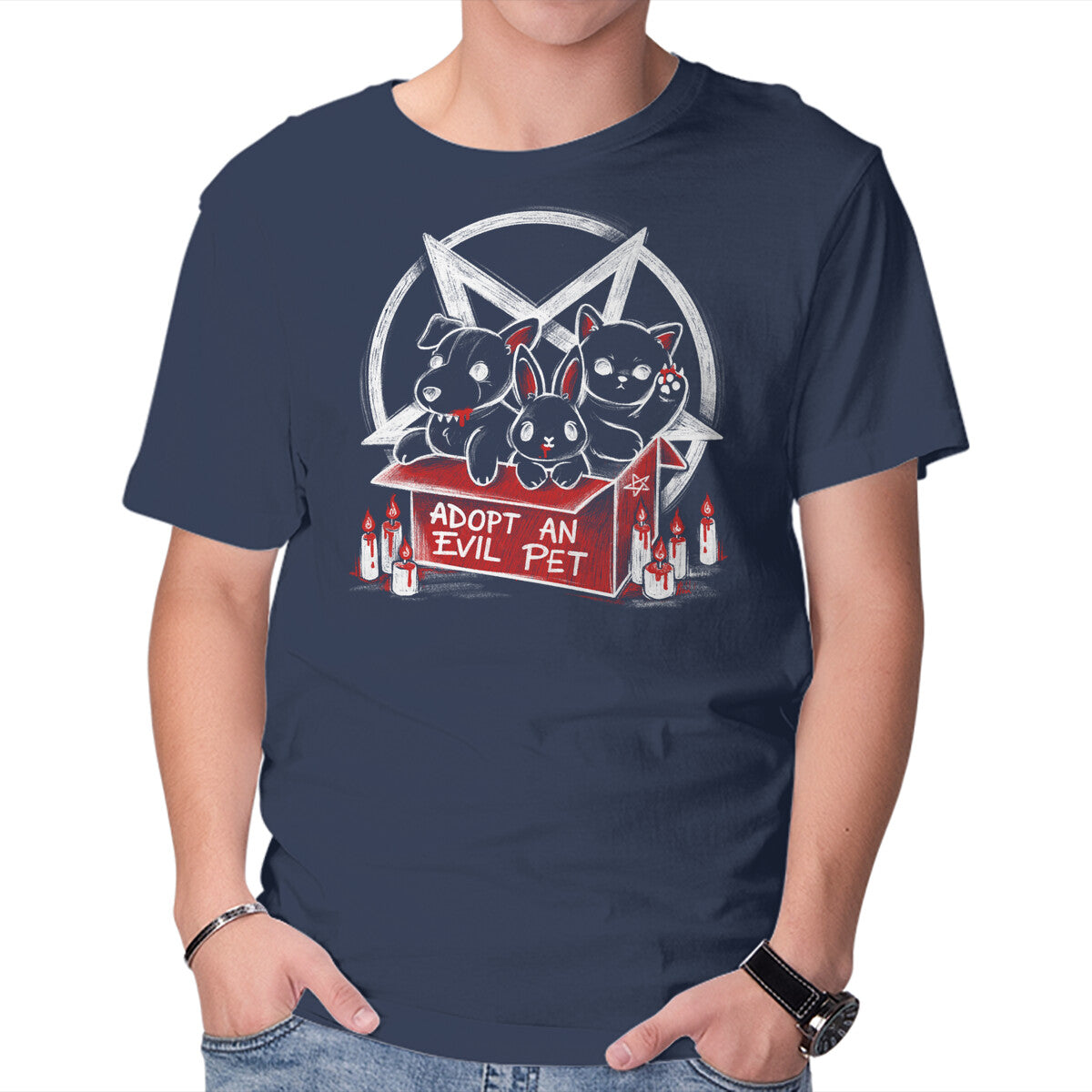 Adopt An Evil Pet – Cat Graphic T-Shirt in navy, product display