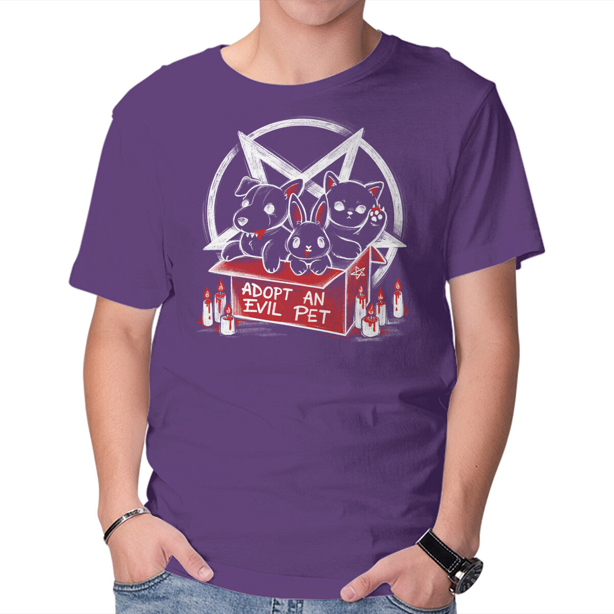 Adopt An Evil Pet – Cat Graphic T-Shirt in purple, product display